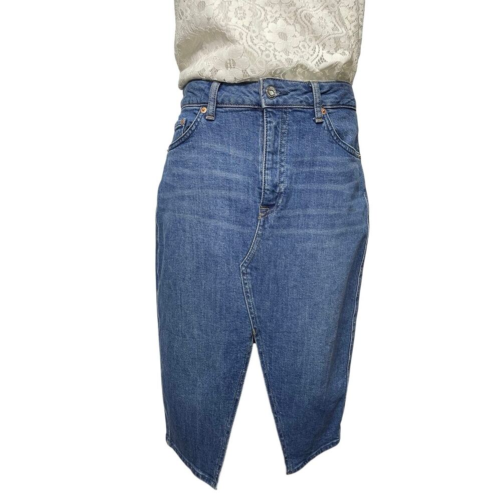 EUC - H&M & Denim Front Slit Midi Medium Wash Skirt